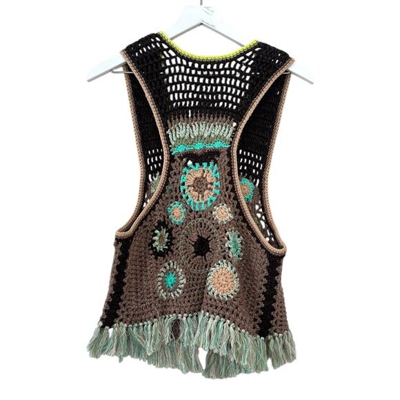 Free People Desert Rose Crochet Fringe Vest Multicolor Boho Festival Medium - Picture 7 of 9